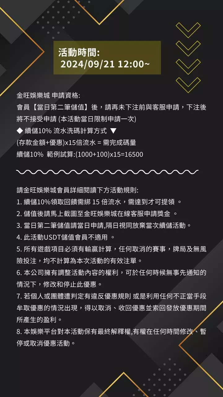 金旺娛樂城 玩家續儲優惠 每日續儲 回饋10%無上限 活動規則